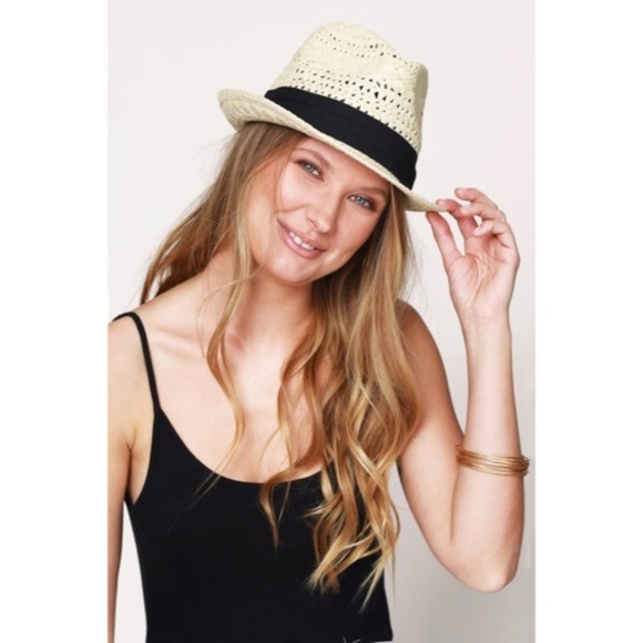 Natural Black Tucked Ribbon Woven Spring Summer Fedora Womens - Picture 3 of 5